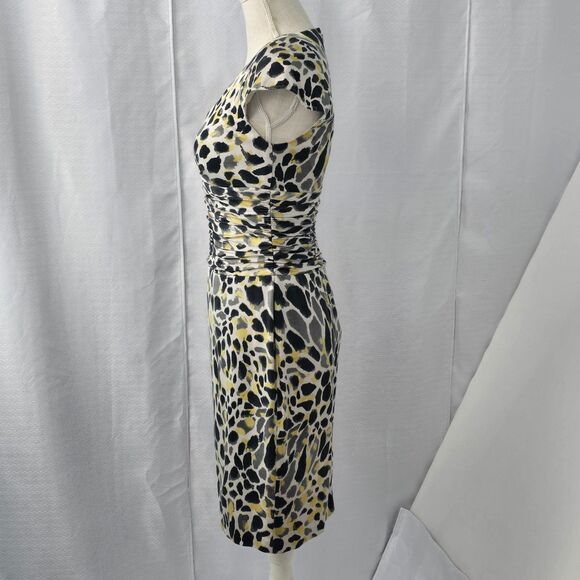 Kay Unger Womens 4 Silk Abstract Animal Print Yellow Gray Black Faux Wrap Dress - Picture 2 of 16